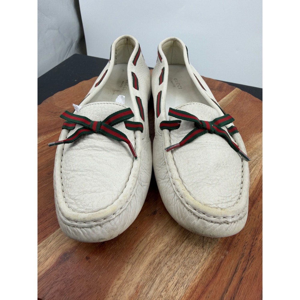 Gucci Driving Loafers men’s 9.5 White Leather Web Stripe Bow Slip On Shoes - Picture 3 of 11